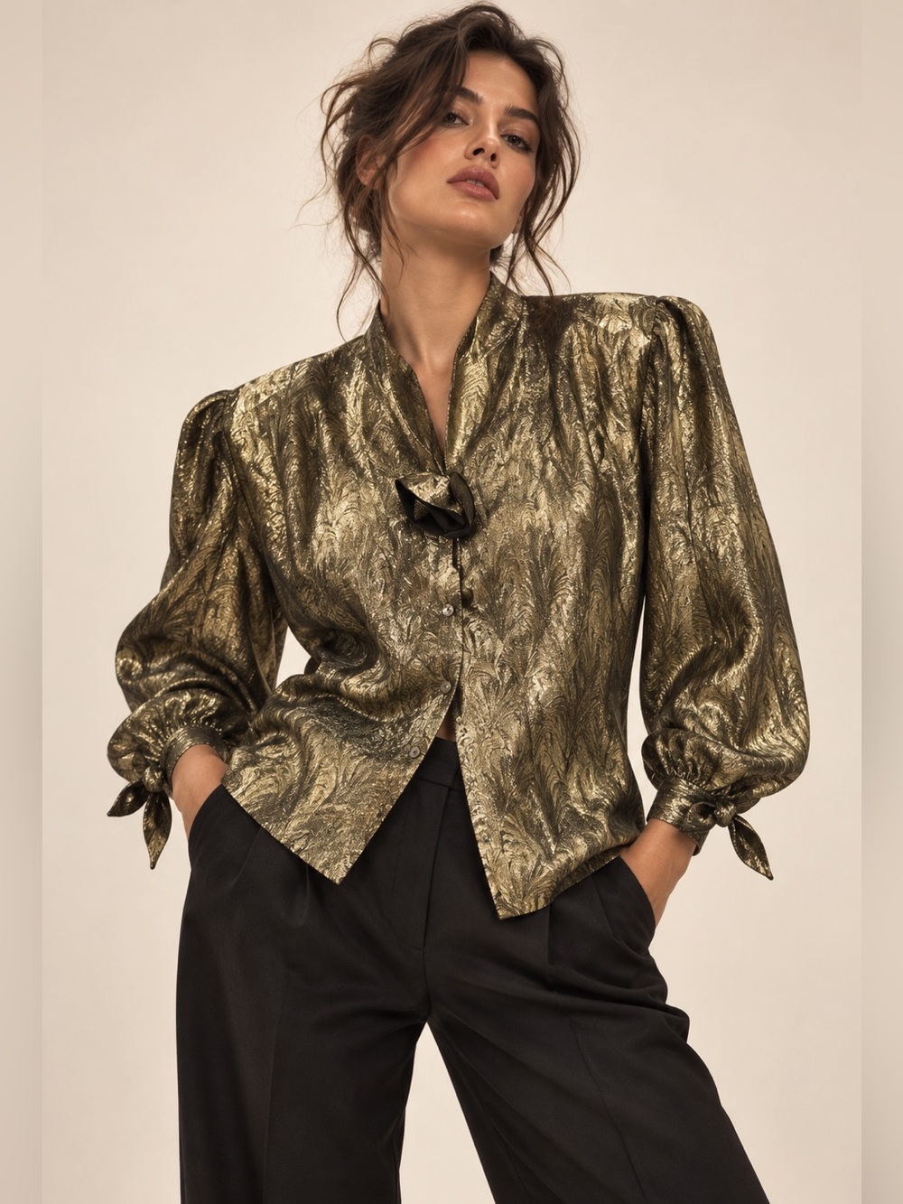 Vintage KOMETA Italy Gold Silk Lurex Floral Blouse